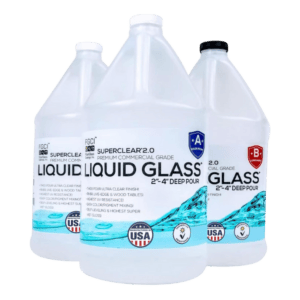 Three gallons of Liquid Glass Epoxy Resin 3 Gallon Kit on a black background.